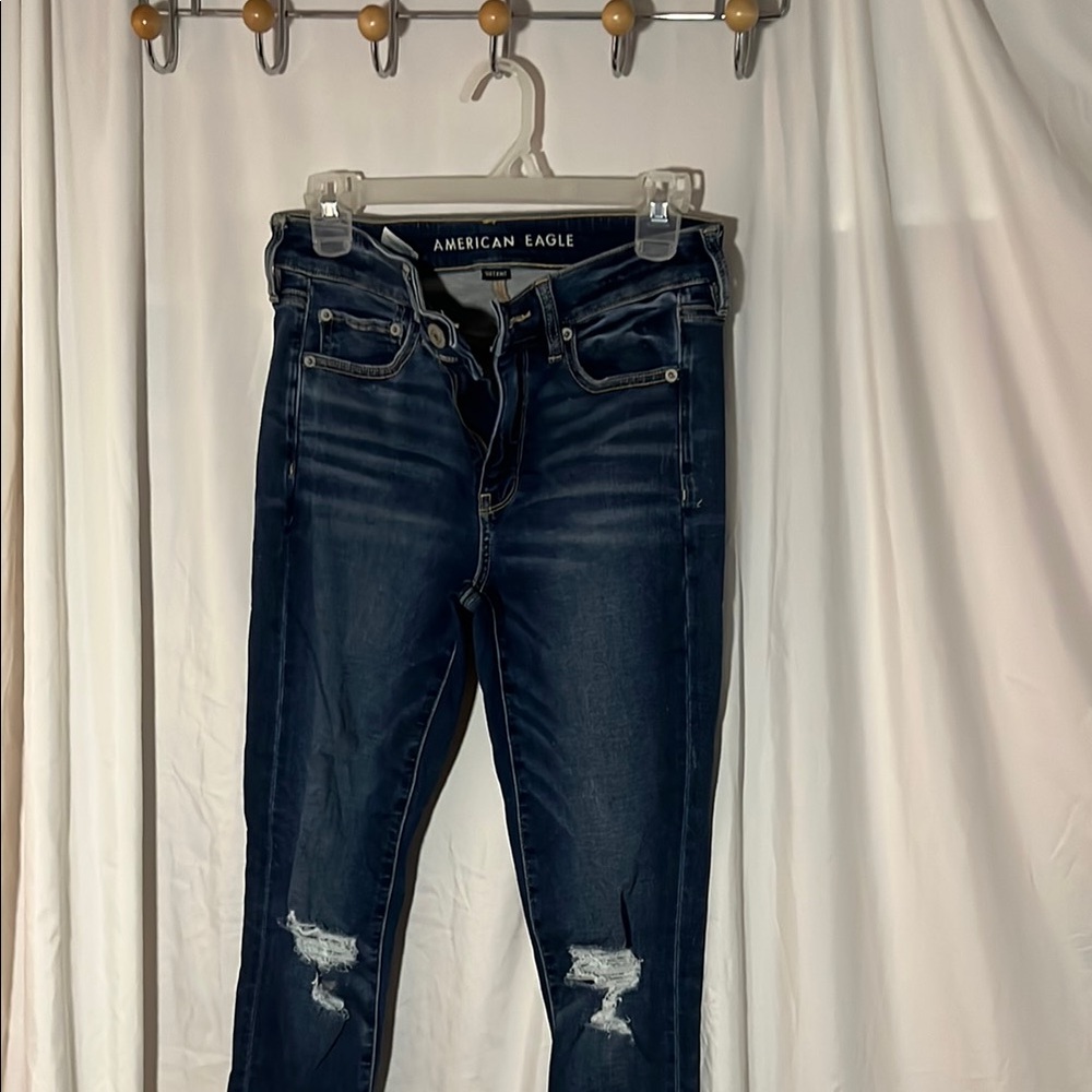 American Eagle Outfitters Blue Skinny Jeans with Distressed Details
